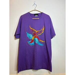Vintage 90s Laurel Burch Flying Exotic Birds T Shirt XL Purple Single Stitch USA